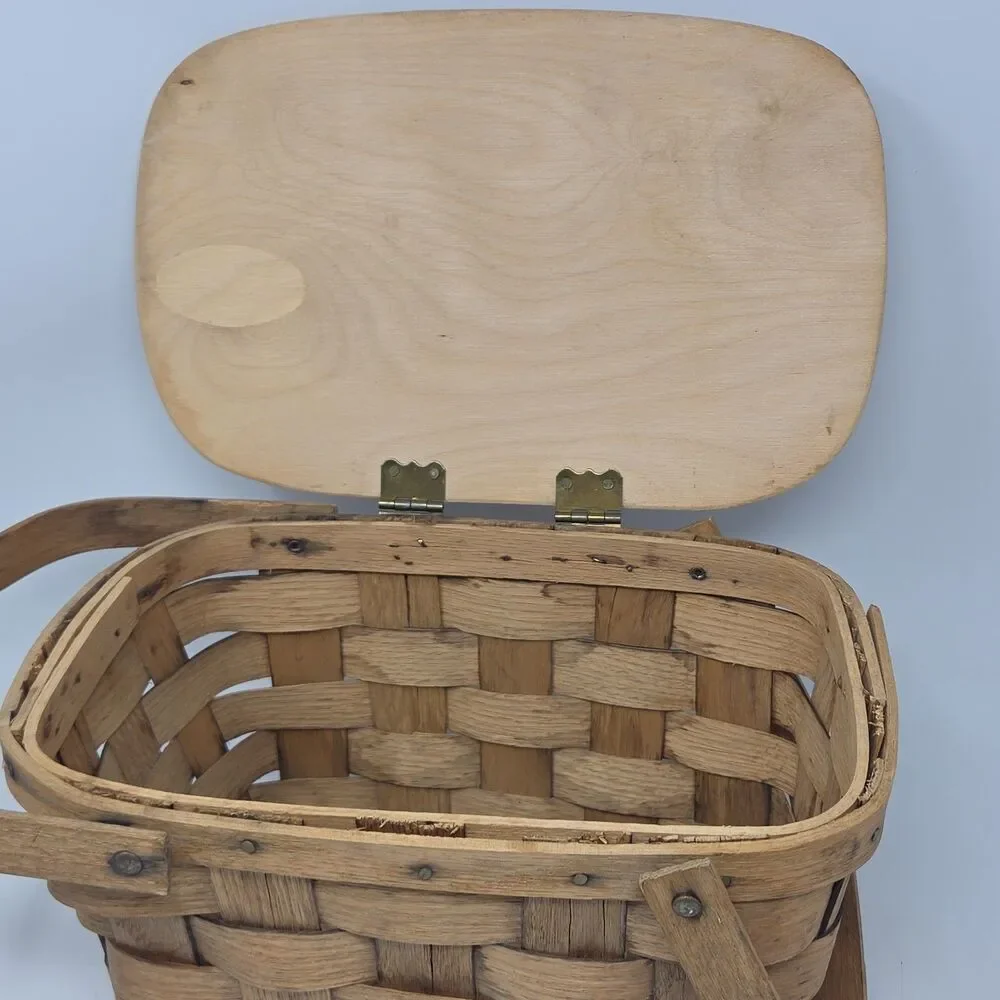 Vtg Double Handle Picnic Basket Hinged Lid Basketville Putney Vermont 10”x10”x7
